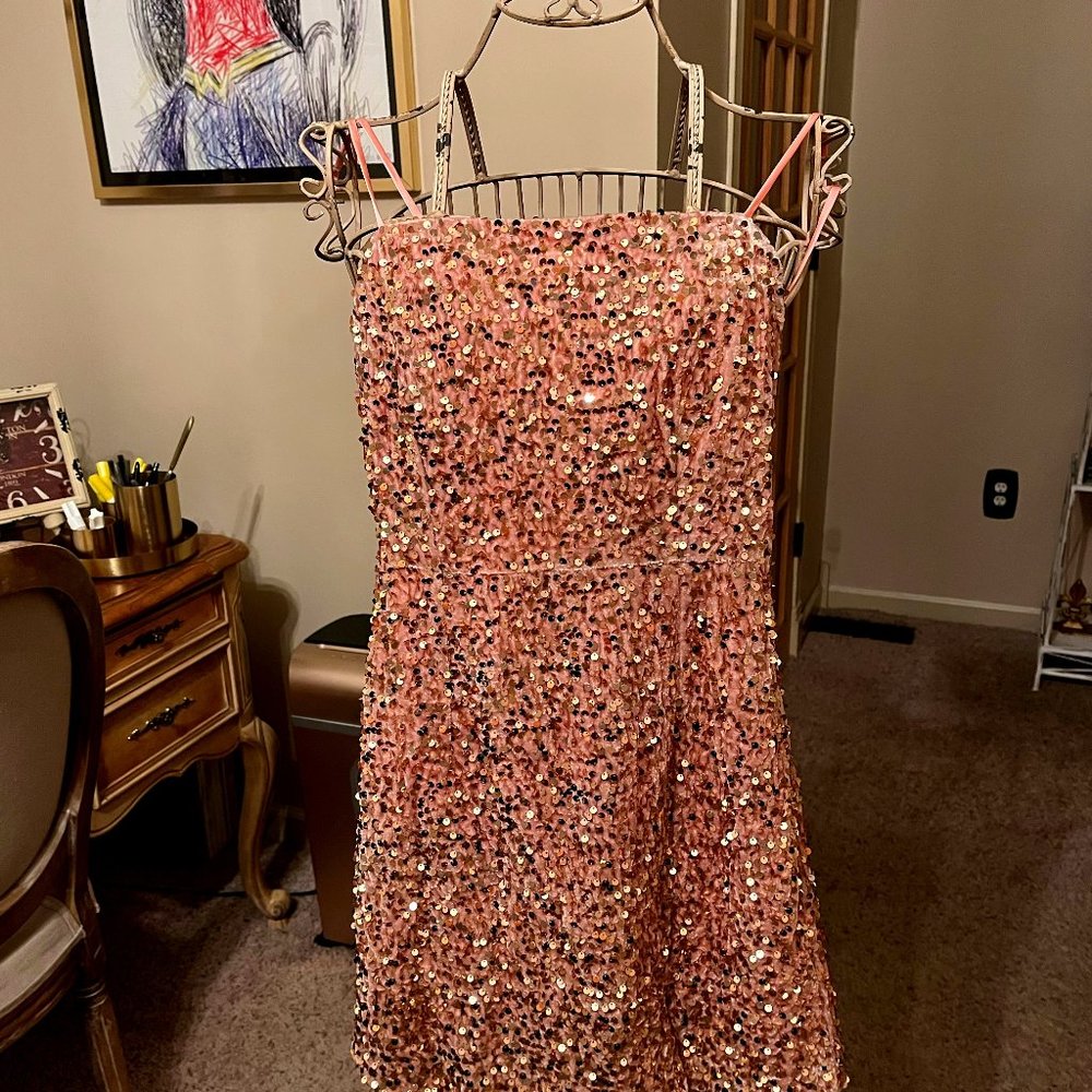 Salmon Colored with Gold Sequins Mini Dress for Holiday Cocktail Parties